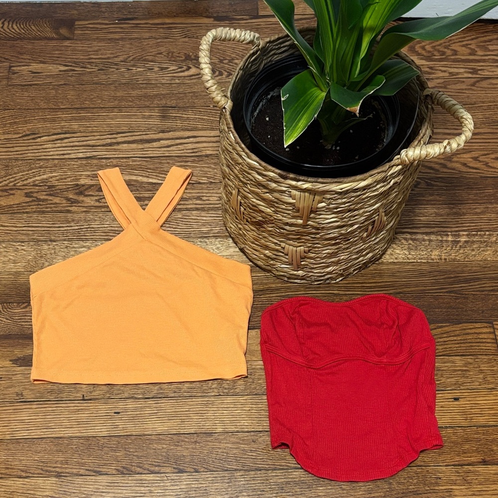SHEIN Orange Cross-Strap Ribbed Crop Top & Red Strapless Ribbed Tube Top - Women